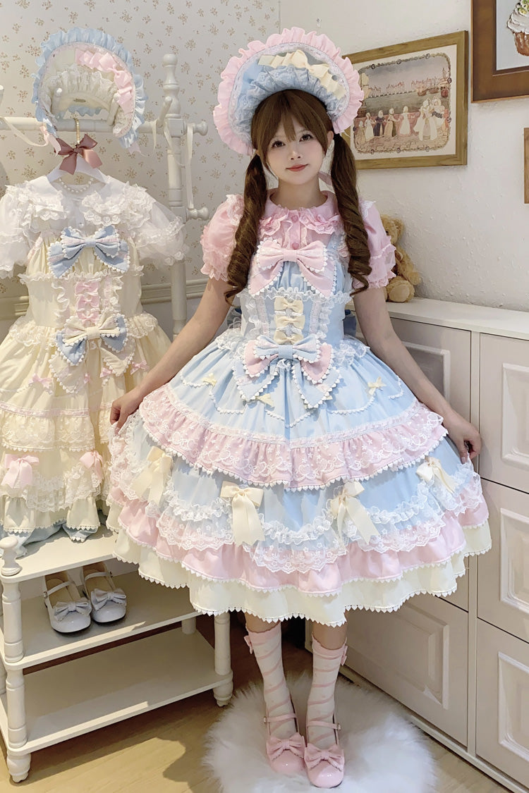 Blue Pink Fondant Cake Sleeveless Layered Ruffle Bow Lace Sweet Jsk Dress