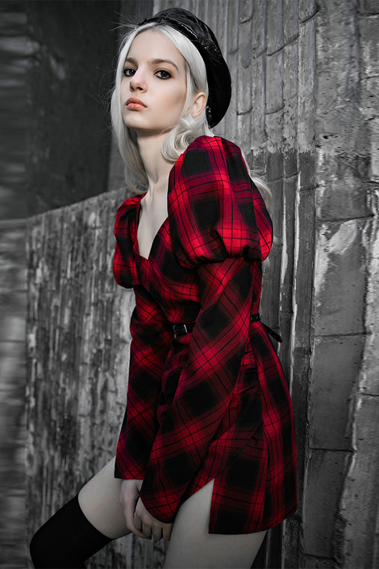 Lattice High Waist Long Sleeve Steam Punk Belted Dress - Black/Red