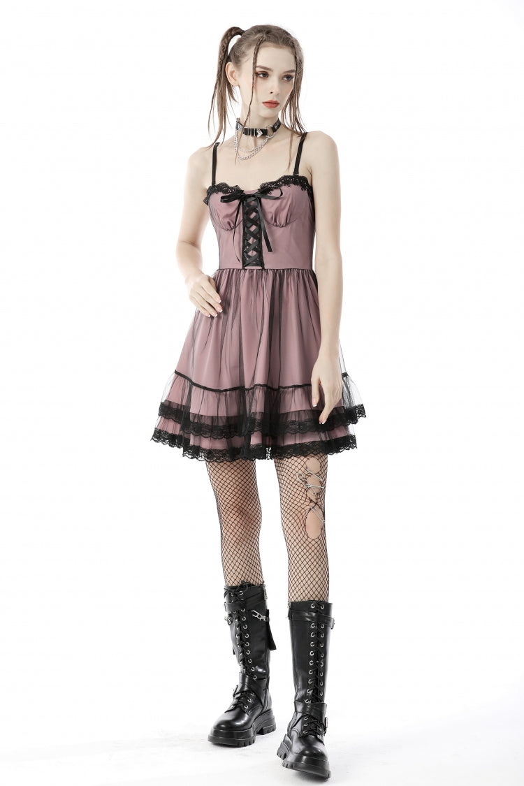 Sleeveless Multi-Layered Lace Lolita Slip Graduation Dress - Pink