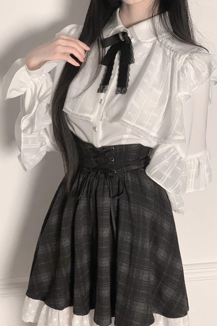 Black/White Long Sleeves Plaid Printed Lace Lace-Up Sweet Jirai Kei Skirt Set
