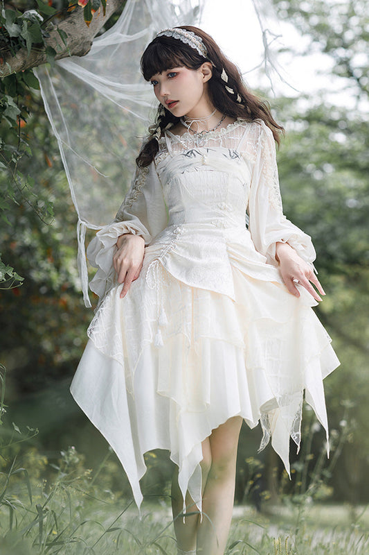 White Layered Bow Elegant Asymmetric Princess Lolita Dress