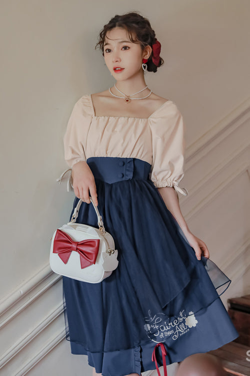 Azure Bubble-Sleeve High-Waist Sweet OP Gown with Snow White Motif