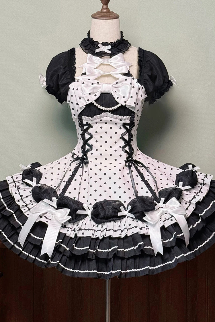 Black/White Halterneck Short Sleeve Triple-Layered Polka Dot Bow Lace-Up Sweet Dress