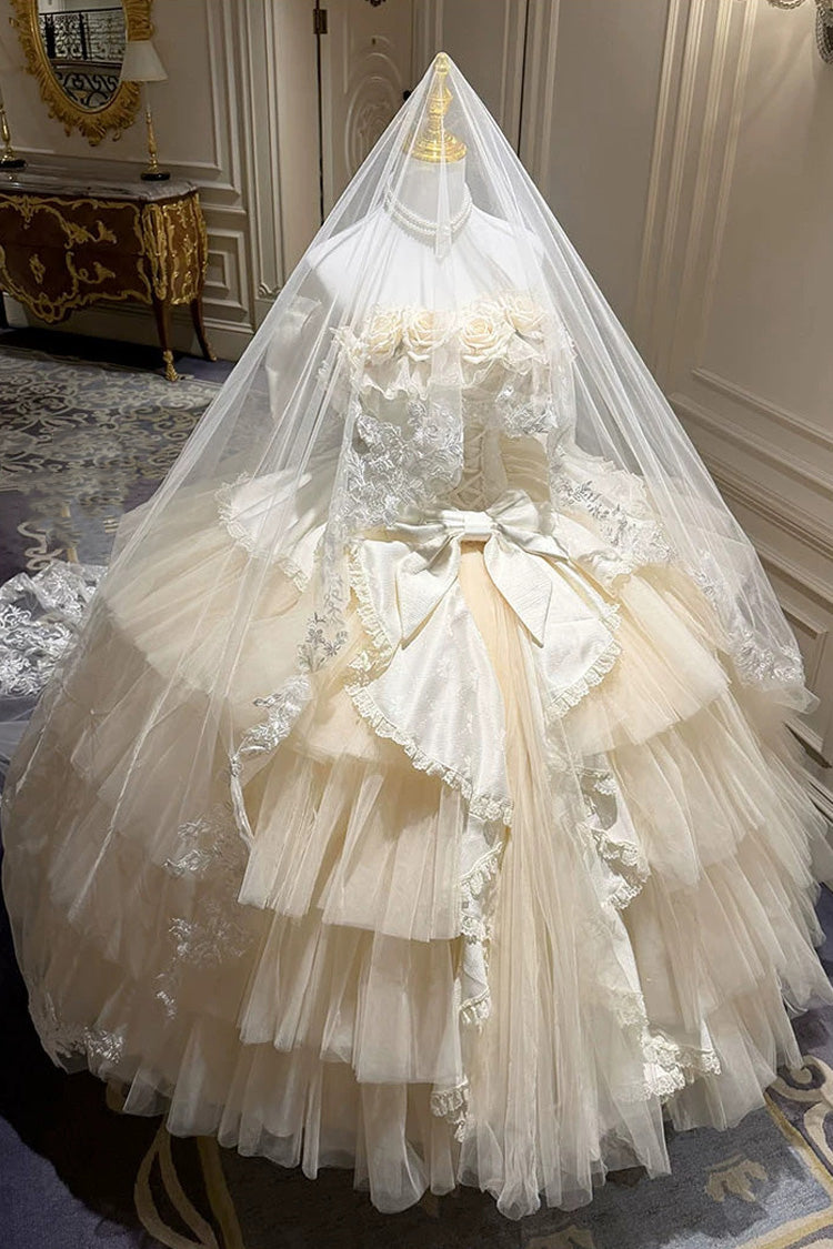 Apricot Sweet Lolita JSK Long Dress with Ruffled Hanayome Bow Lace-Up and Sleeveless Design