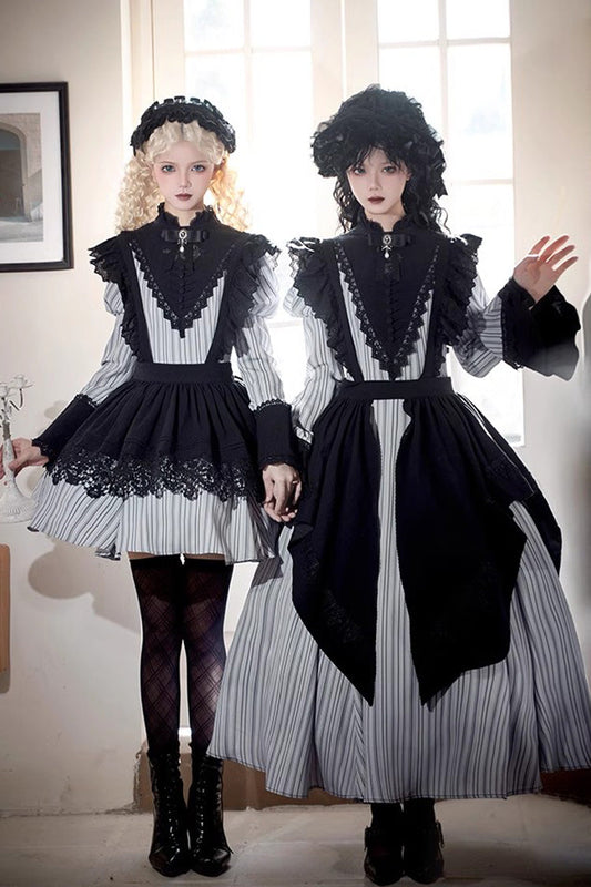 Light Grey Nocturne Vertical Striped Ruffled Bow Lace Gothic Lolita Dress