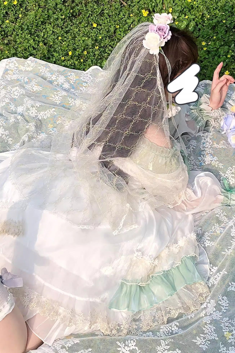 Long Sleeve Multi-Layer Ruffle Bow Lace Lace-Up Sweet Princess Lolita Dress - Green