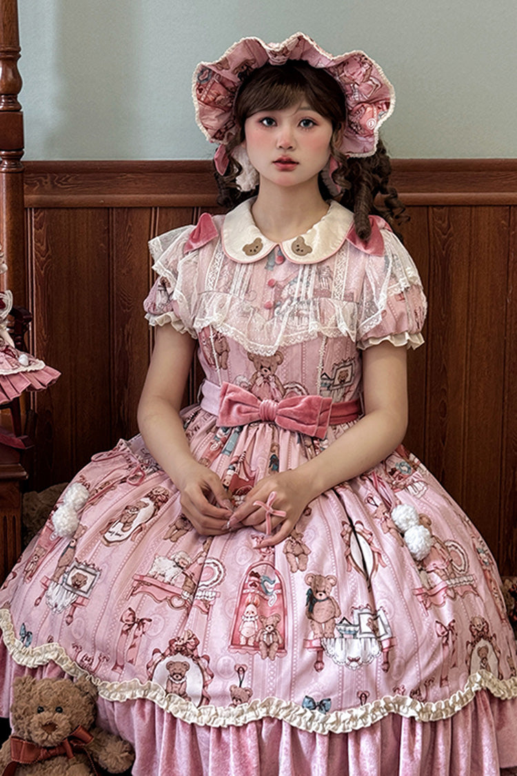 Bear Print Short-Sleeve Ruffled Bow Dress