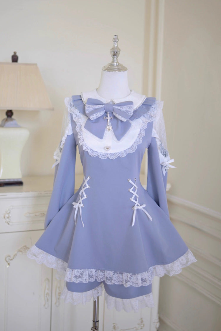 Grey/Blue [Divine love] Long Sleeves Hollow Bowknot Lace Lace-Up Sweet Jirai Kei Dress Shorts Set