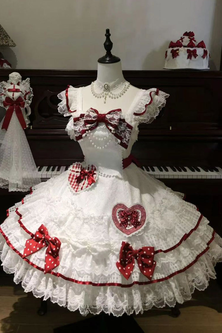 Ivory Polka Dot Love Letter Sleeveless Double Bow Pearl Accent Lolita JSK