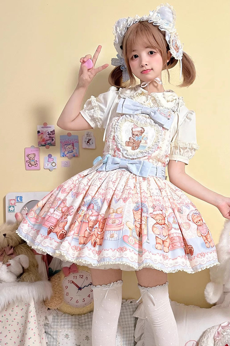 Bear Anniversary Celebration Sleeveless Printed Ruffled Bow Sweet Lolita Tank Dress Two Colors