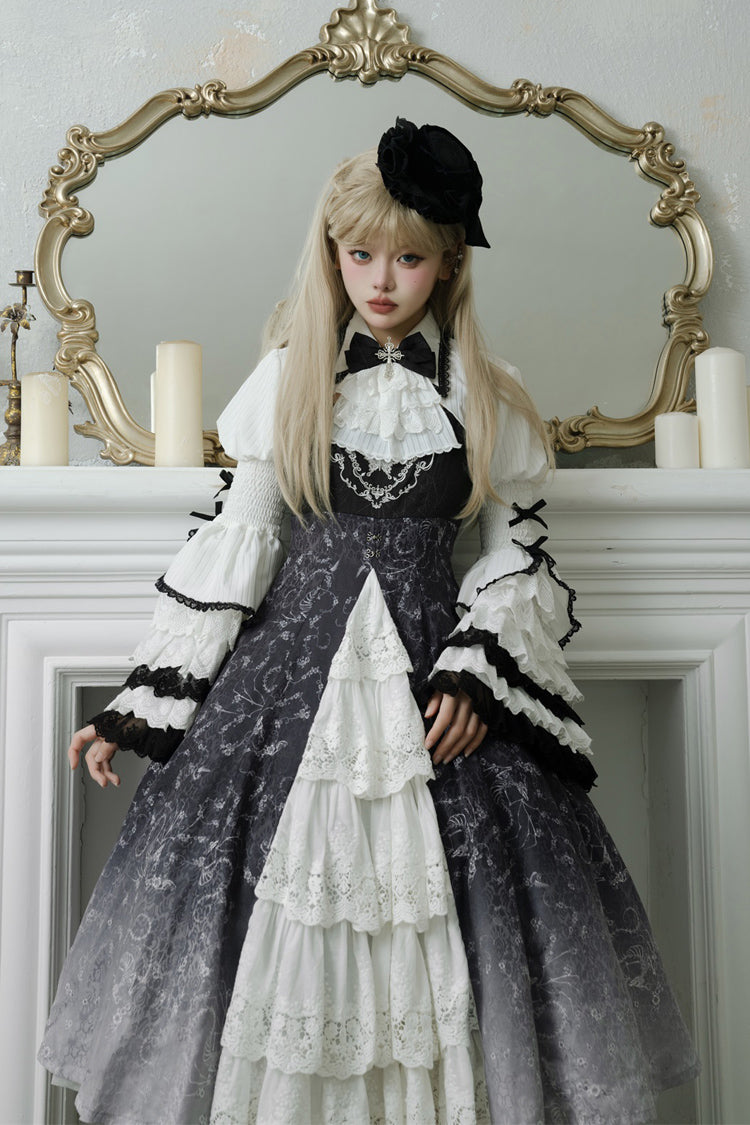 Black White Printed Bone Magic Ruffle Cardigan Lace Classic Gothic Princess Lolita Jsk Dress