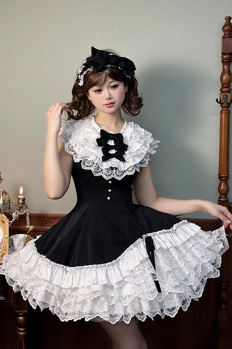 Black/White Asymmetric Lace Bow Sleeveless Multi-Layer Ruffle Sweet Lolita Dress - Miss Tsundere