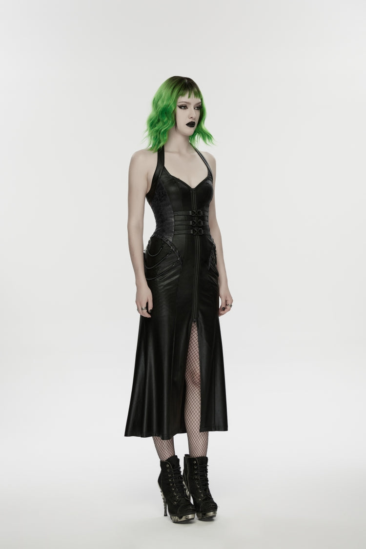 Bold Black Lace-Up Buckled Slim Sleeveless Halter Punk Gown
