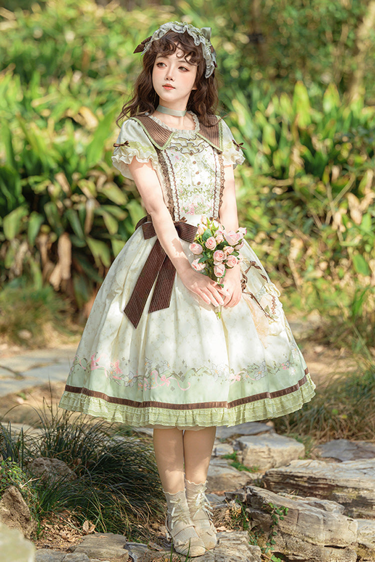 Green Ivory Lily Short Sleeve Print Ruffle Embroidery Bow Lace Sweet Dress