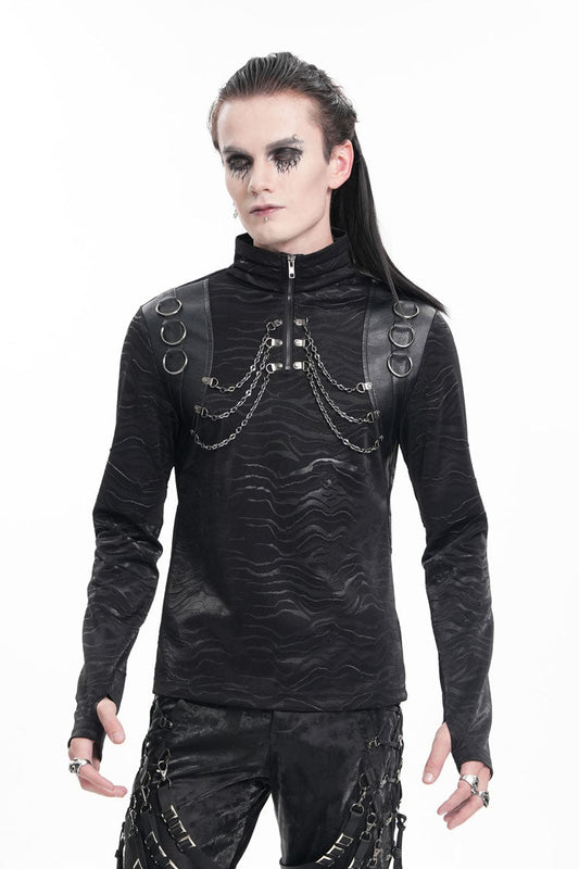 Stand Collar Long Sleeve Gothic Tee with Chain Rings for Men
