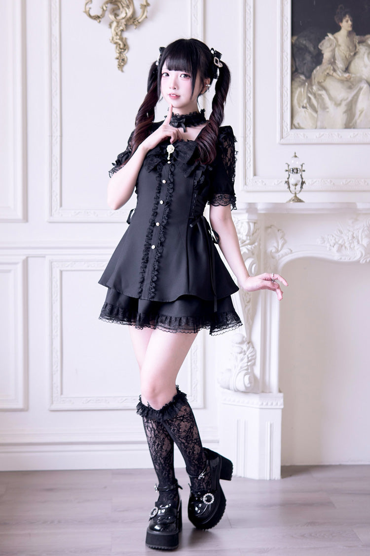 Waltz Bow Gothic Short-Sleeve Jirai Kei Dress Set - Black