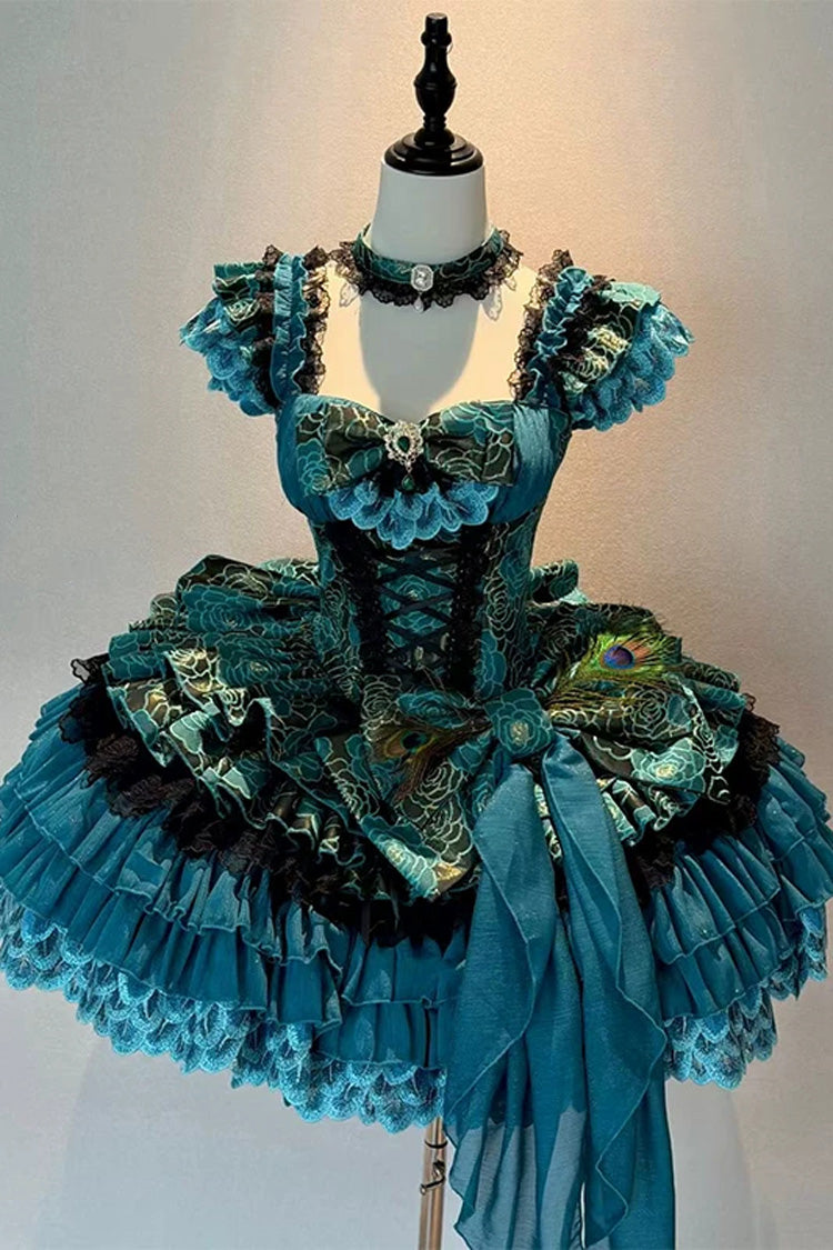 Peacock Sleeveless Ruffled Bow Lace-Up Elegant Lolita JSK - Blue/Green