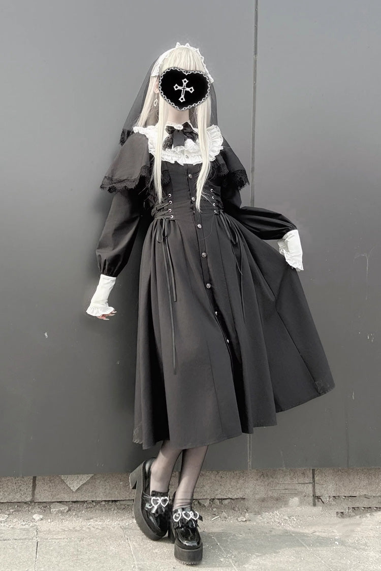 Gothic Jirai Kei Long Dress with Lace-Up Ruffled Bow Sleeves