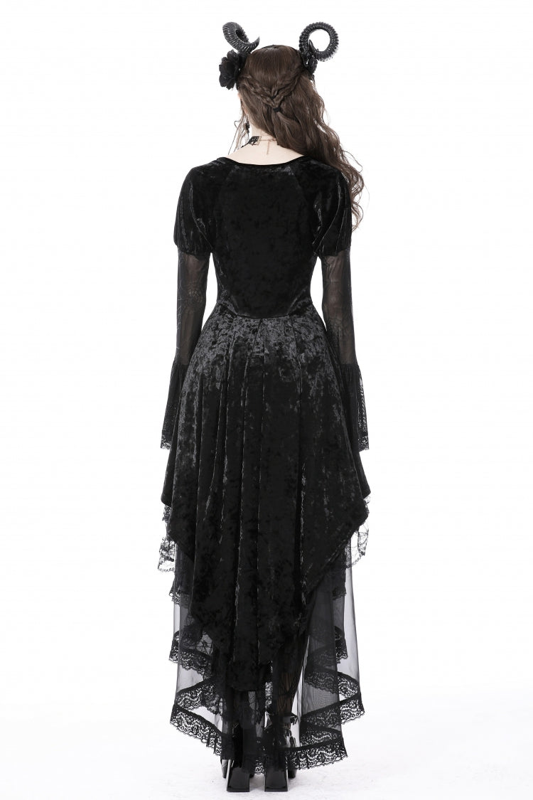 Onyx Velvet Gown with Puffed Sleeves and Asymmetric Lace Trim