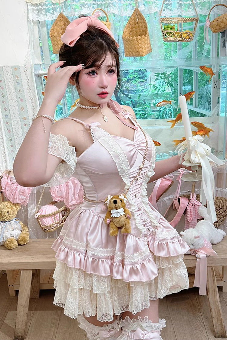 Pink Multi-Layered Ruffled Bow Lace Sweet Ballet Lolita JSK Dress