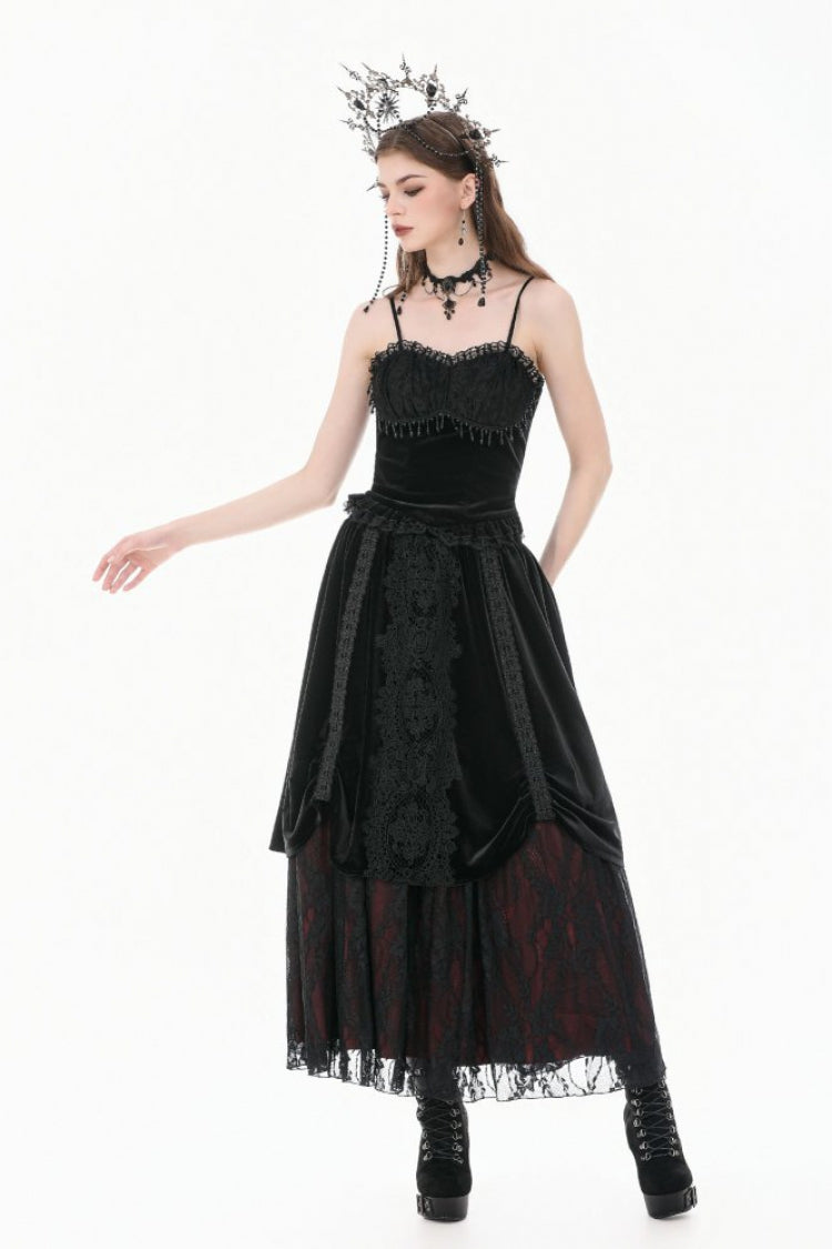 Gothic Vintage Velvet Black Lace Mesh Bustier with Beaded Tassel Drops