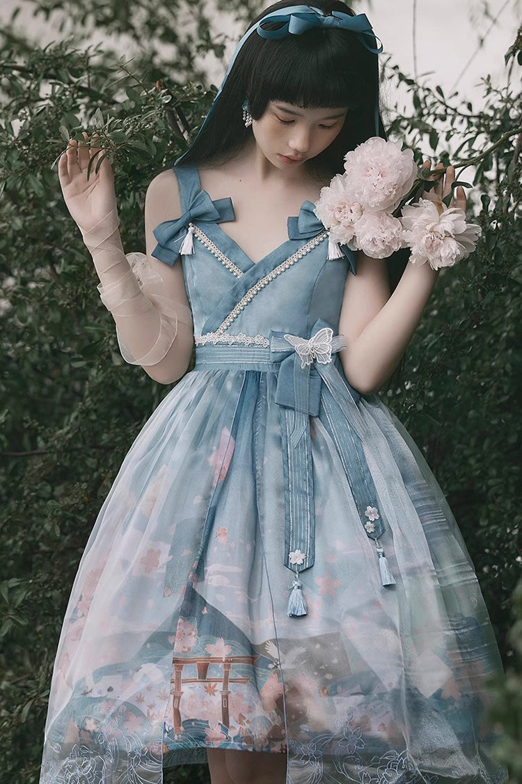 Multicolor Mount Fuji Cherry Blossom Printed Bow Alice Sweet Lolita JSK