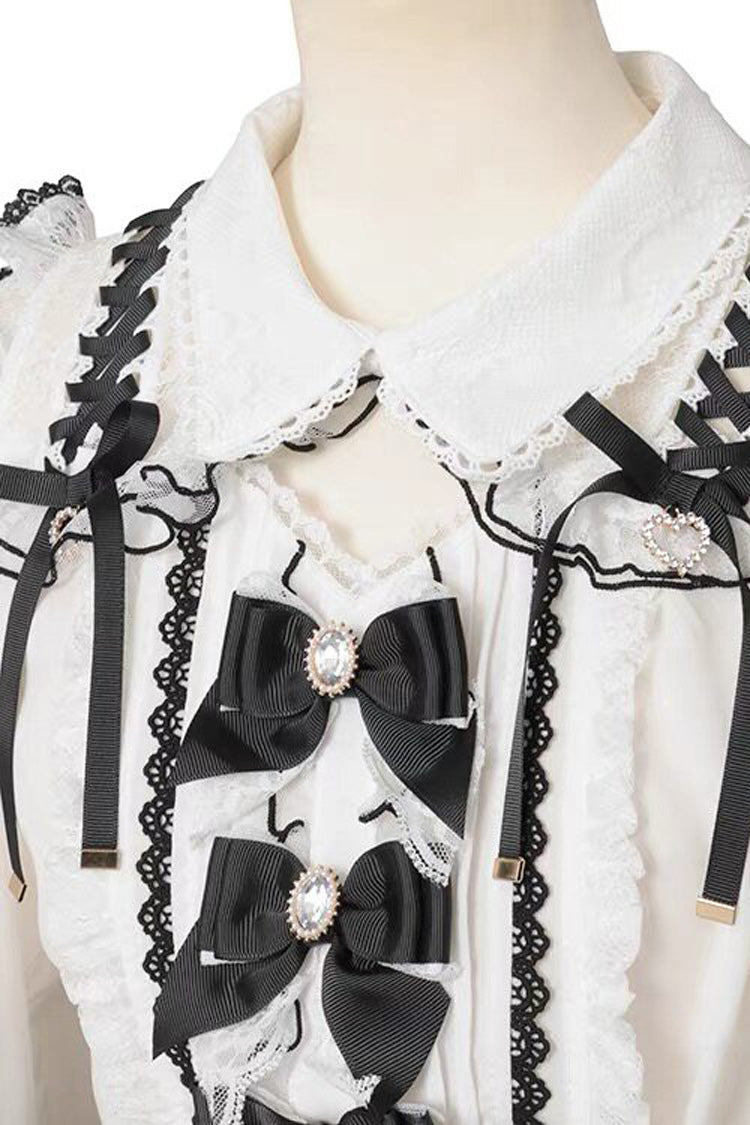 Lapel Off-Shoulder Bow Blouse - Spliced Lace