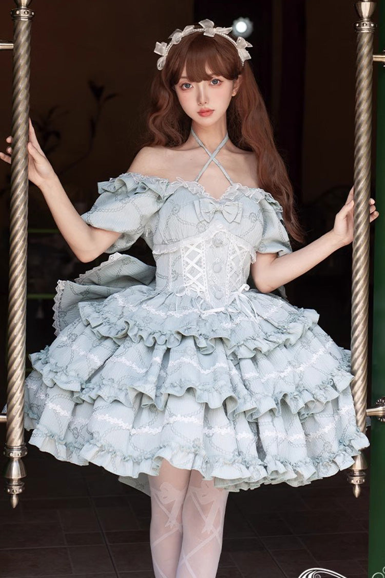 Mint Square Collar Short Sleeve Triple Ruffle Bow Sweet Lolita Dress