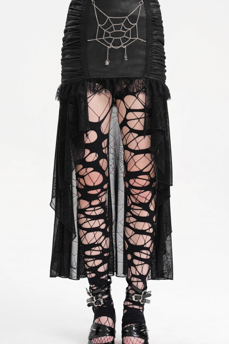 Gothic Skirt with Irregular Hem Lace Chain and Mesh