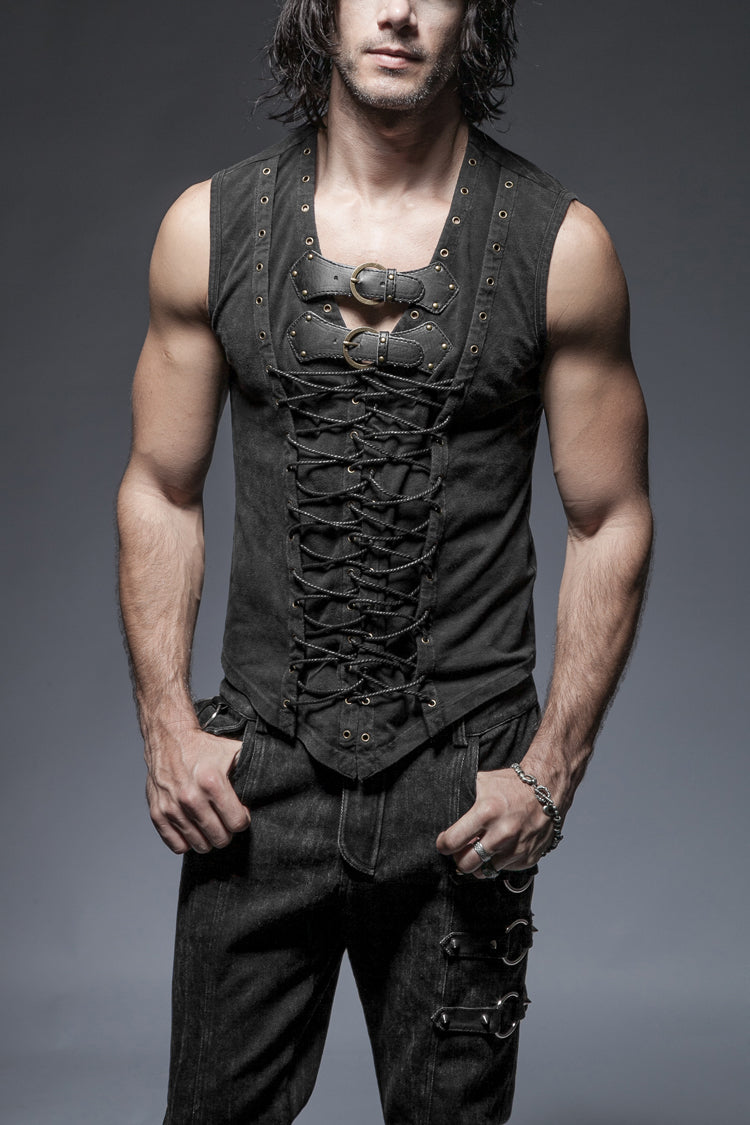 Steampunk Cross Lace-Up Sleeveless Vest with Metal Rings