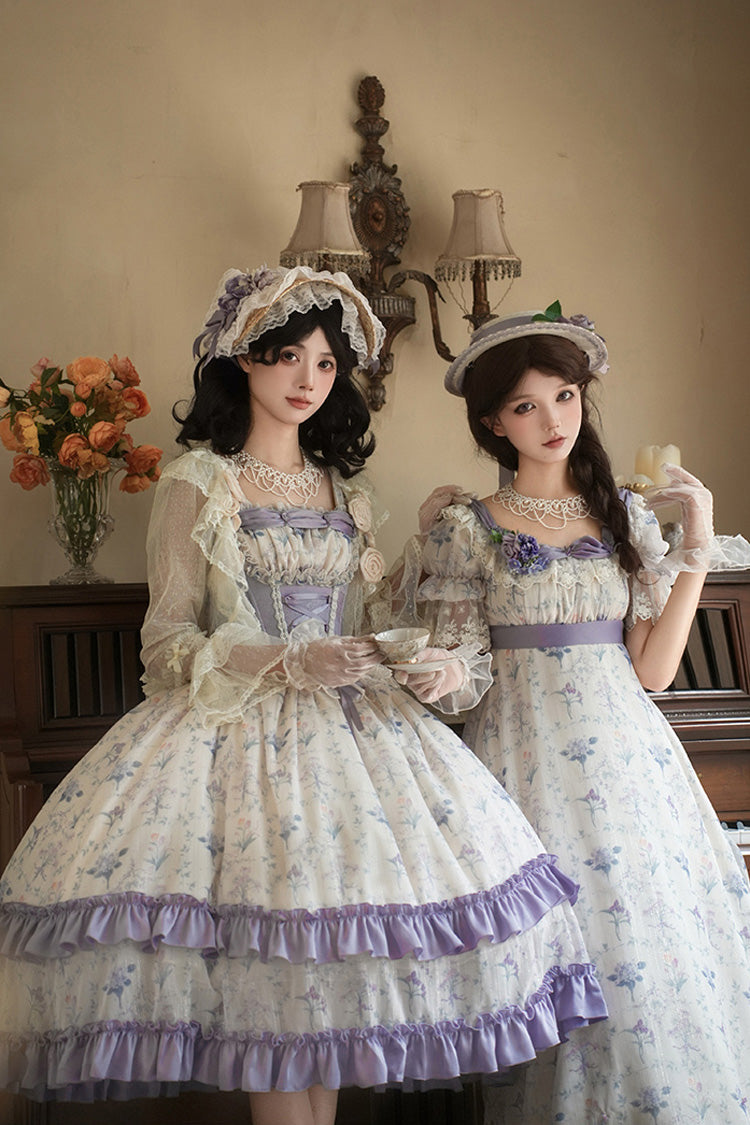 Ivory Purple Short Sleeve Double-Layered Ruffle Lace Bowknot Sweet Dress