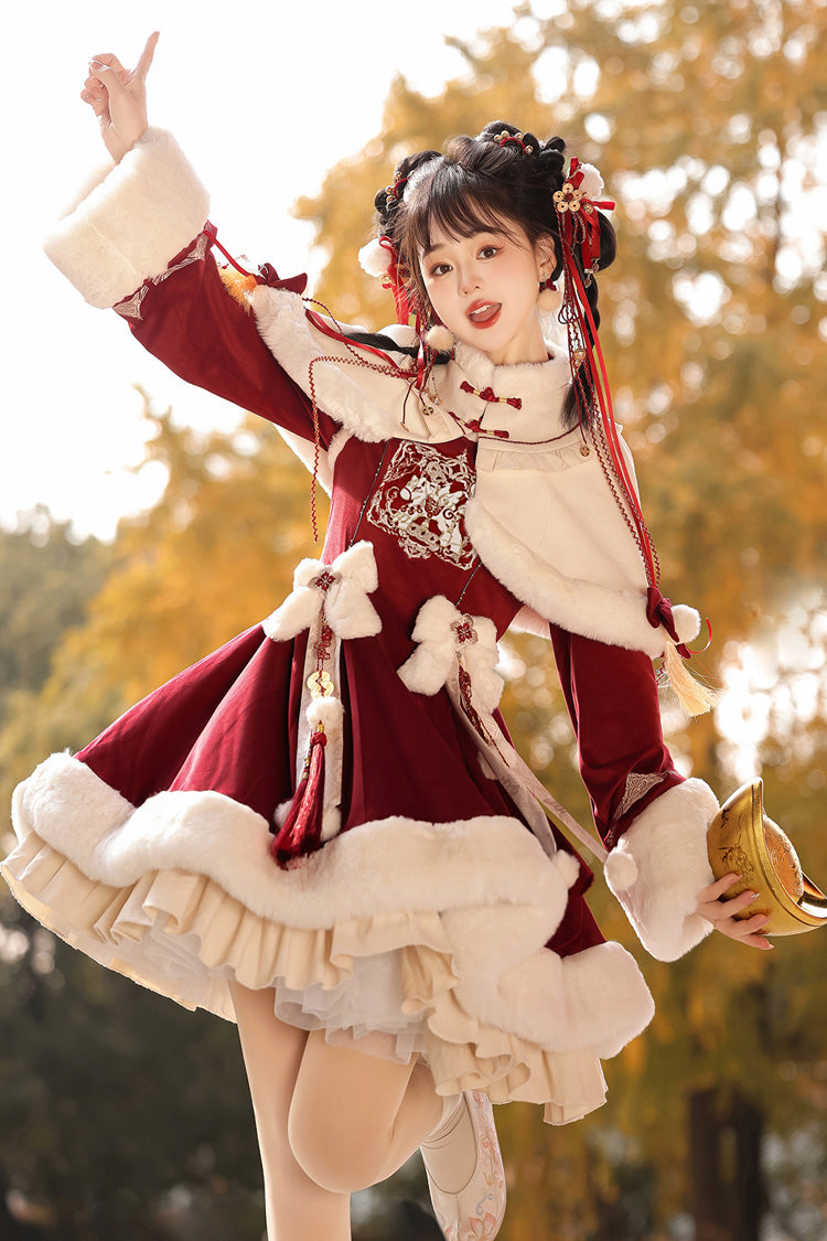 Crimson Embroidered Bow Chinese Sweet Lolita Hanfu Dress
