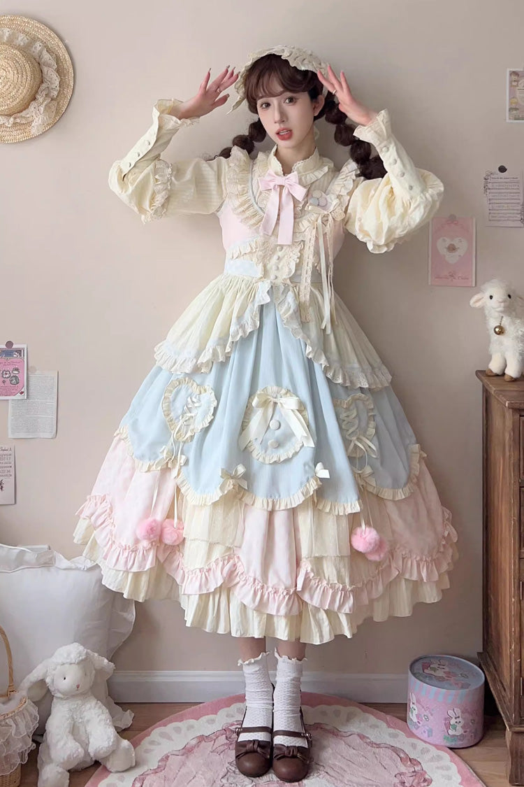 Sleeveless Multi-Layer Ruffle Bow Lace Sweet Lolita Jumper Dress Long - Multi Color