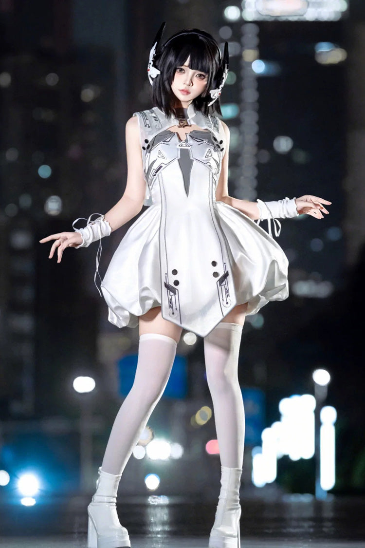 Ivory Printed Sci-Fi Techwear Punk JSK Dress Set - Tech Light Realm