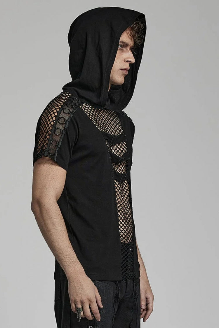 Hooded Steampunk Mesh Shirt with Stitching for Men