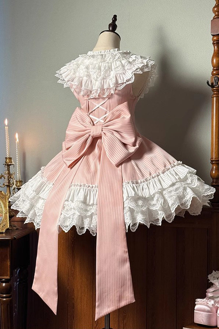 Pink Asymmetric Lace Bow Sleeveless Multi-Layer Ruffle Sweet Lolita Dress - Miss Tsundere