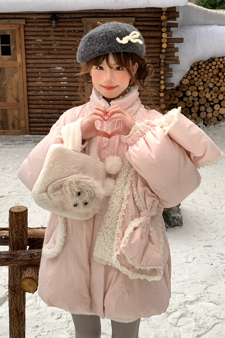 Pink Down-Filled Bowknot Long-Sleeve Coat