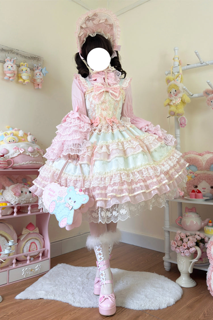 Sweet Lace JSK Dress with Ruffle Bow in Green