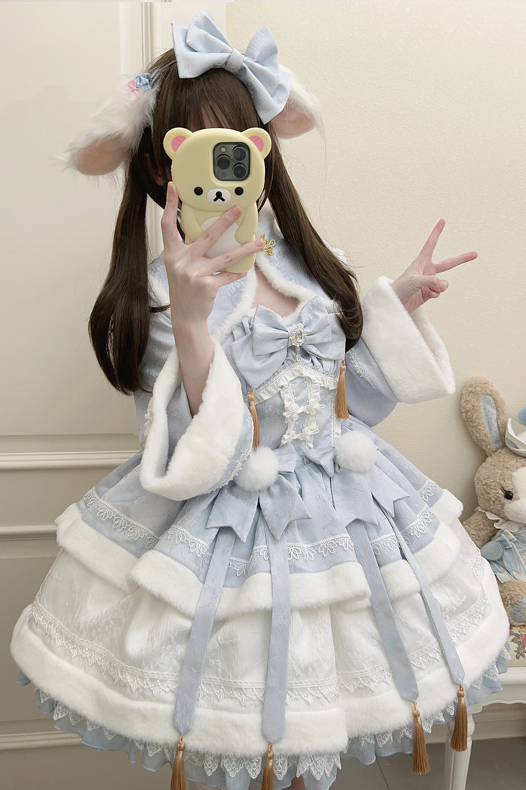 Sweet Two-Piece Dress with Ruffle Sleeves in Blue