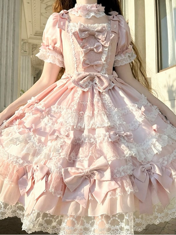 Lolita High Bow Pink Dress Sweet with Waist Accents Detachable Sleeves Princess