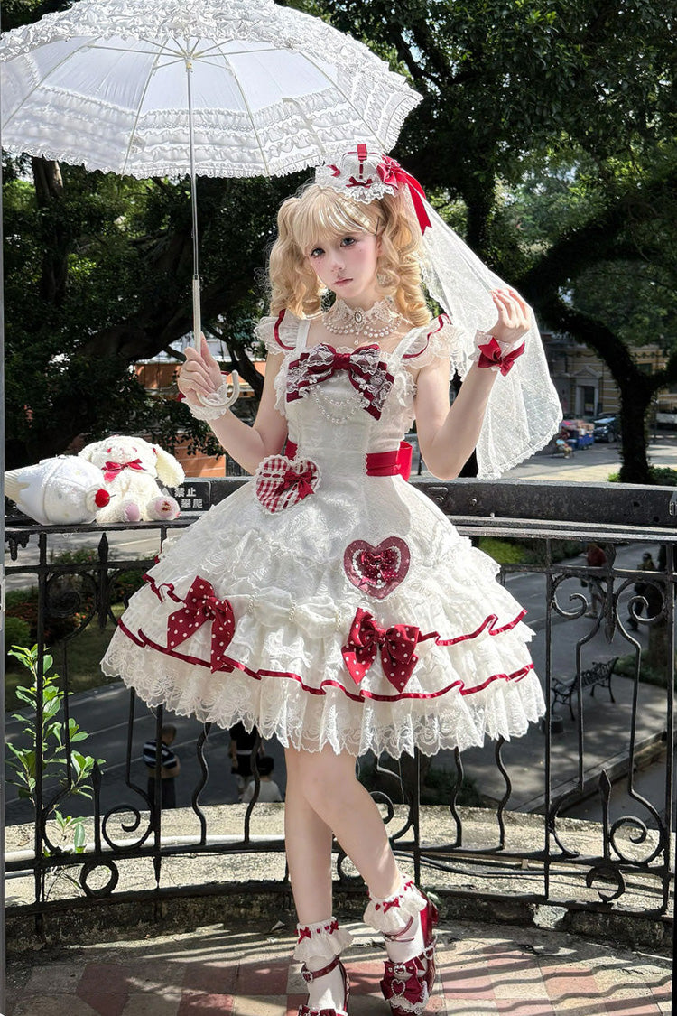 Ivory Polka Dot Love Letter Sleeveless Double Bow Pearl Accent Lolita JSK