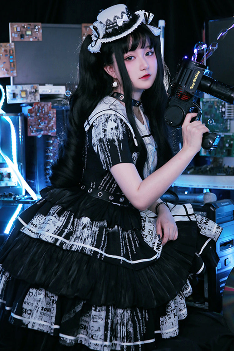 Black Short Sleeve Layered Ruffle Bowknot Asymmetric Punk Lolita Dress