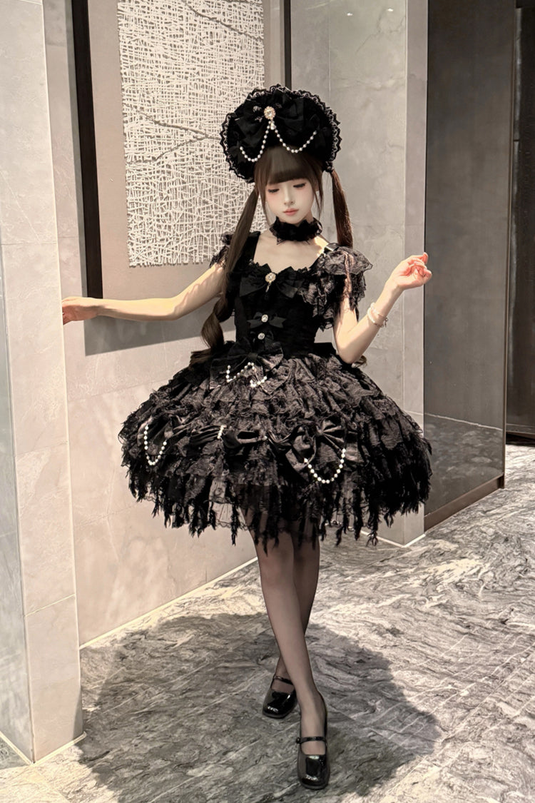 Sleeveless Bow-Adorned Pearl Gothic JSK in Black