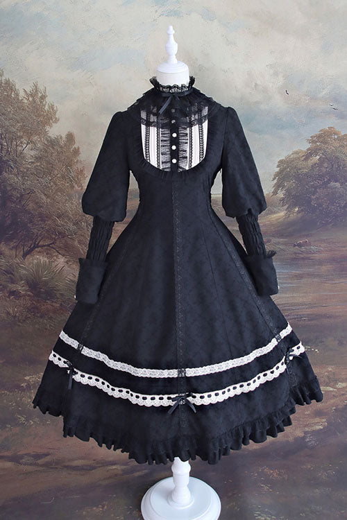 Black Cross Church Lace Long Sleeve Ruffled Classic Lolita OP Dress - Altfashion Shop