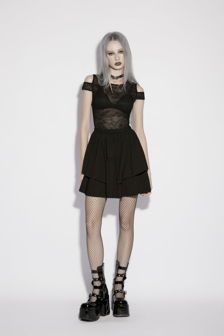 Black Off-Shoulder Multi-Layer Cut-Out Spliced Mesh Eyelet Gothic Dress