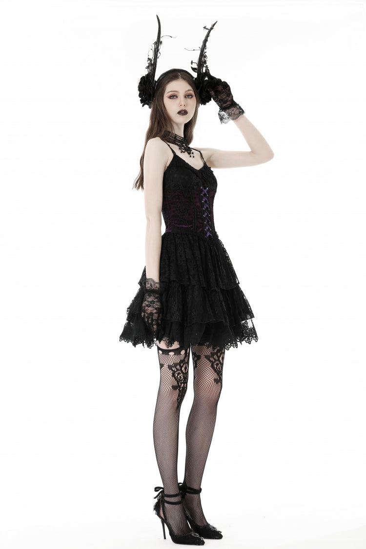 Black/Purple Multi-Layer Lace Lace-Up Gothic Dress