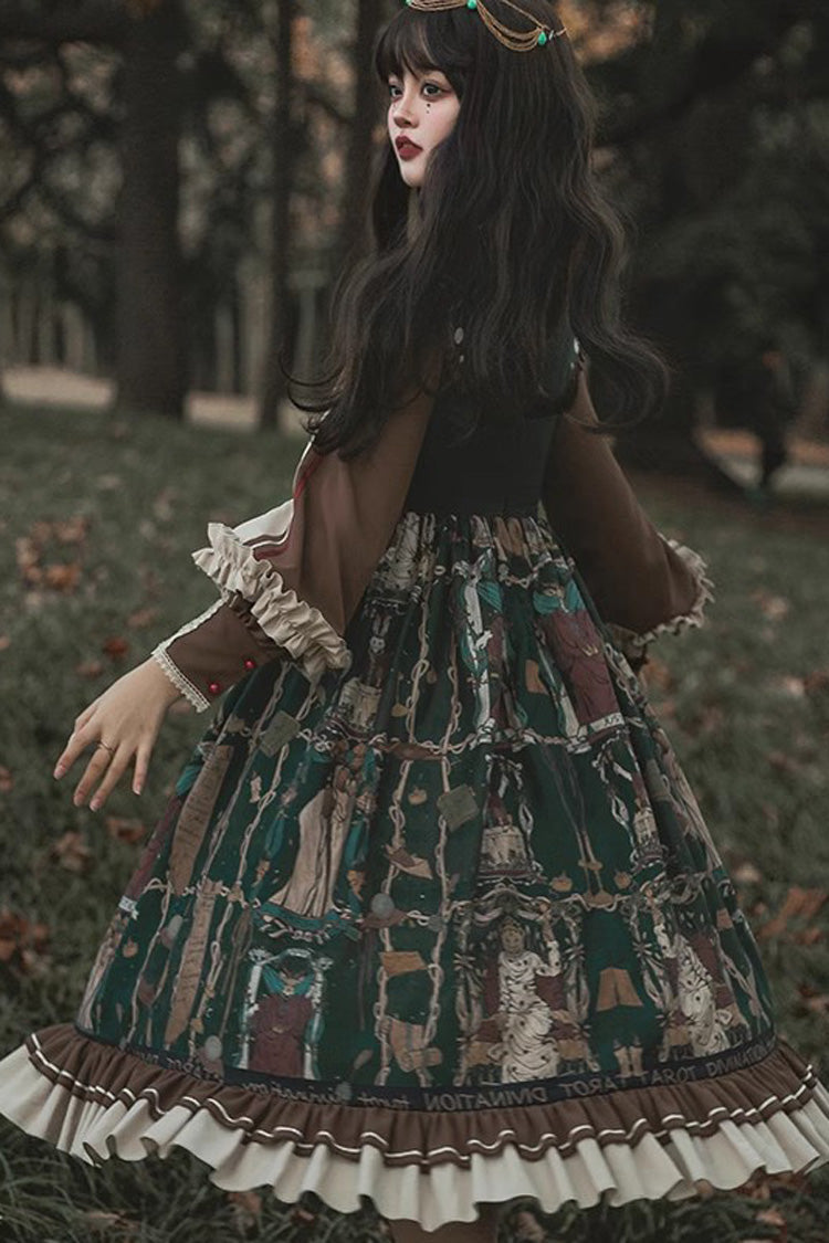 Tarot Print Puff-Sleeved Lolita Dress with Ruffles & Bow