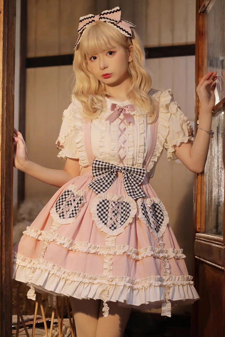 Pink Heart-Print Ruffled Strap Dress with Bowknot