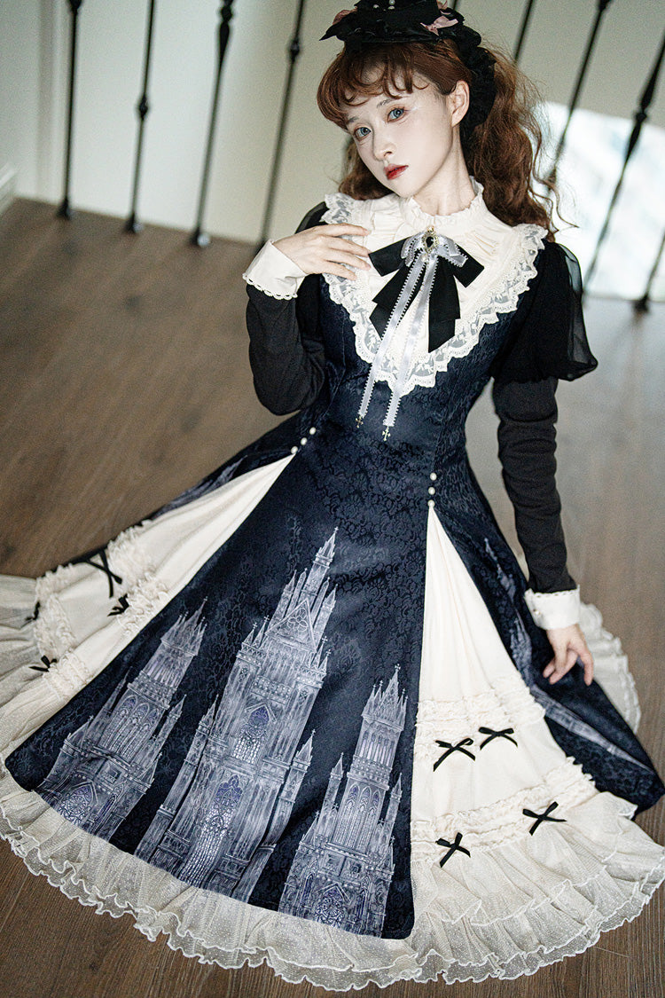 Black & White Church Bells Printed Ruffled Cardigan Bow Elegant Gothic Lolita Dress