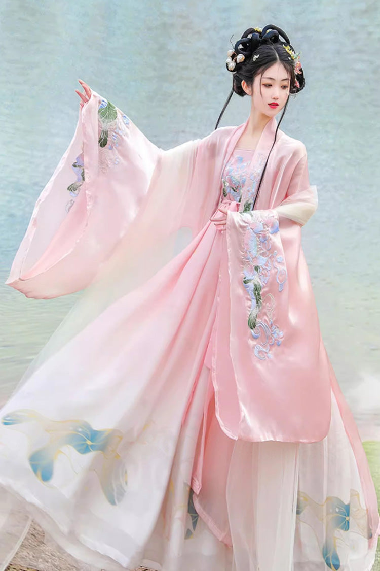 Blush Tang Dynasty Long Flared Sleeves Printed Embroidered Sweet Hanfu Gown